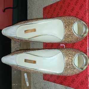 Used Gold sequin platform peep toe stilettos